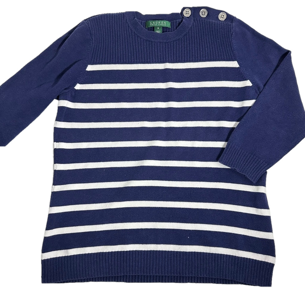 Lauren Ralph Lauren Nautical Navy Breton Stripe Crew Sweater 3/4 Sleeve Medium